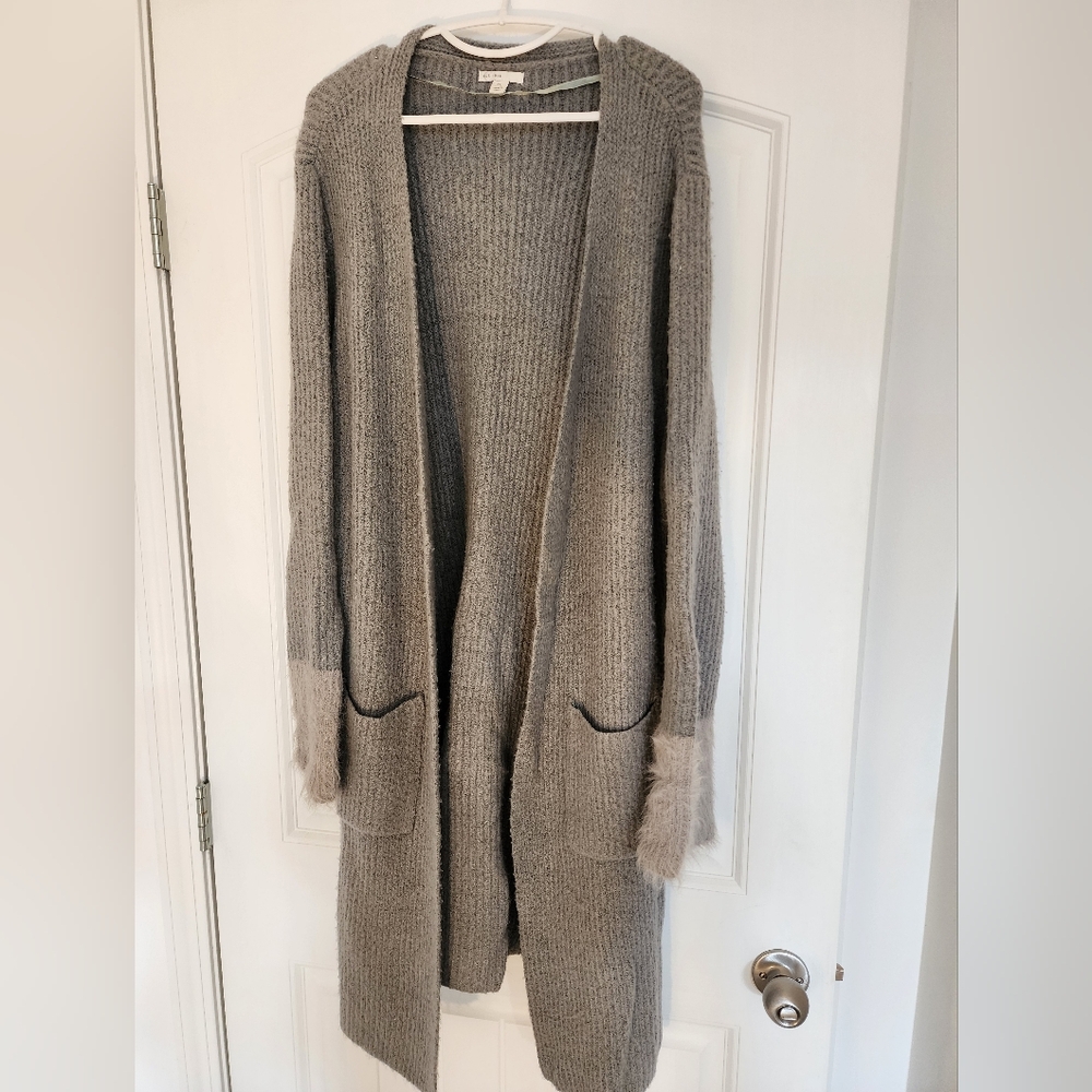 Women's Gray Open-Front Cardigan Sweater Faux Fur Trim Belt Size XL Oversized